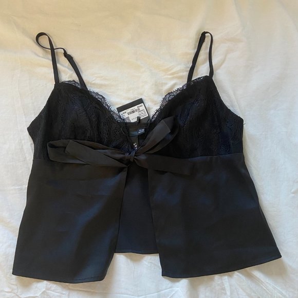 Garage Tops - Garage Tie Front Lace Satin Cami Tank Top